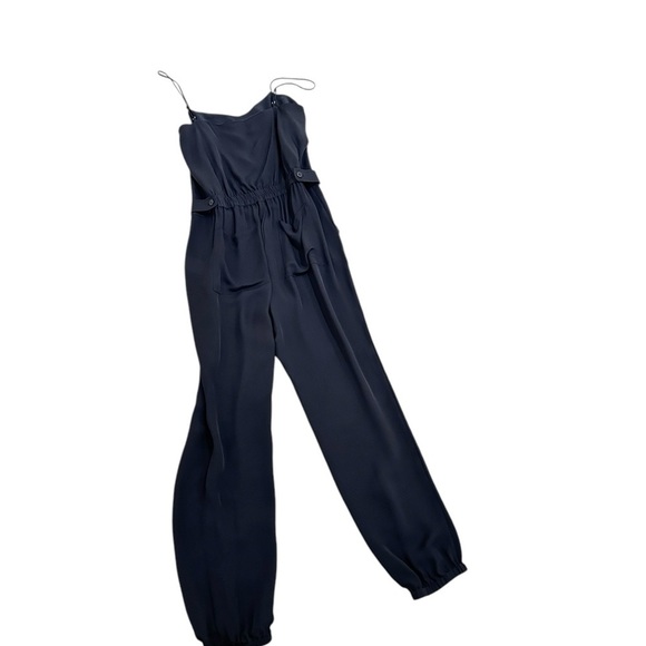 Theory 100% silk Black Jumpsuit jogger cuffs spaghetti straps front pockets sz 4 - Picture 5 of 11